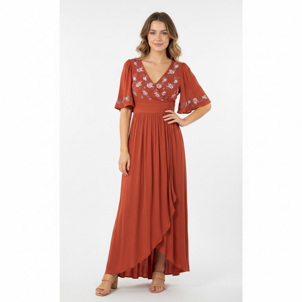 Rahi Cali‎ Sienna Embroidered Maxi Dress Red Orange Floral Cottagecore Boho Sz L